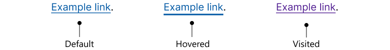 Three links showing how they visually appear in each state. Blue with underline for the default state, bold underline for hovered, and purple when visted.