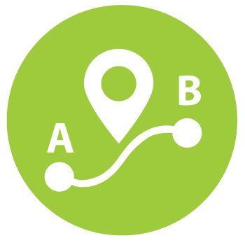 green circle with a white map icon going from point a to point b