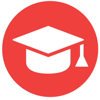 red circle with a white graduation hat icon