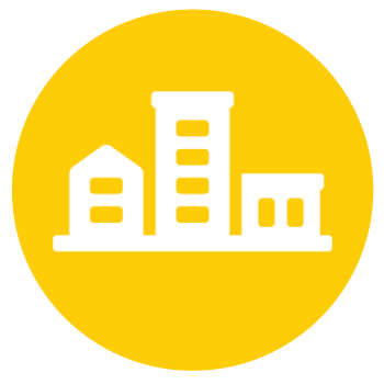 yellow circle with three white building icons