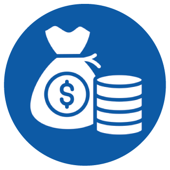 dark blue circle with a white money bag icon