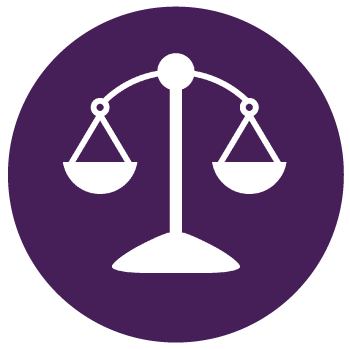purple circle with a white justice scale icon