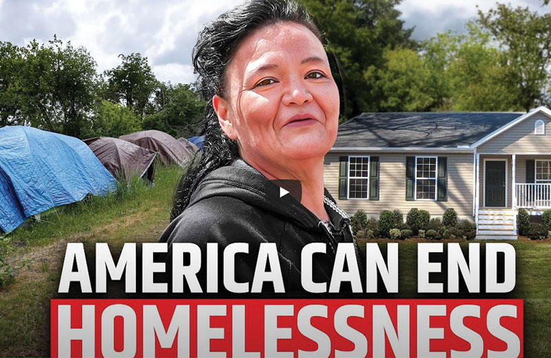 america can end homelessness text over a women standing outside